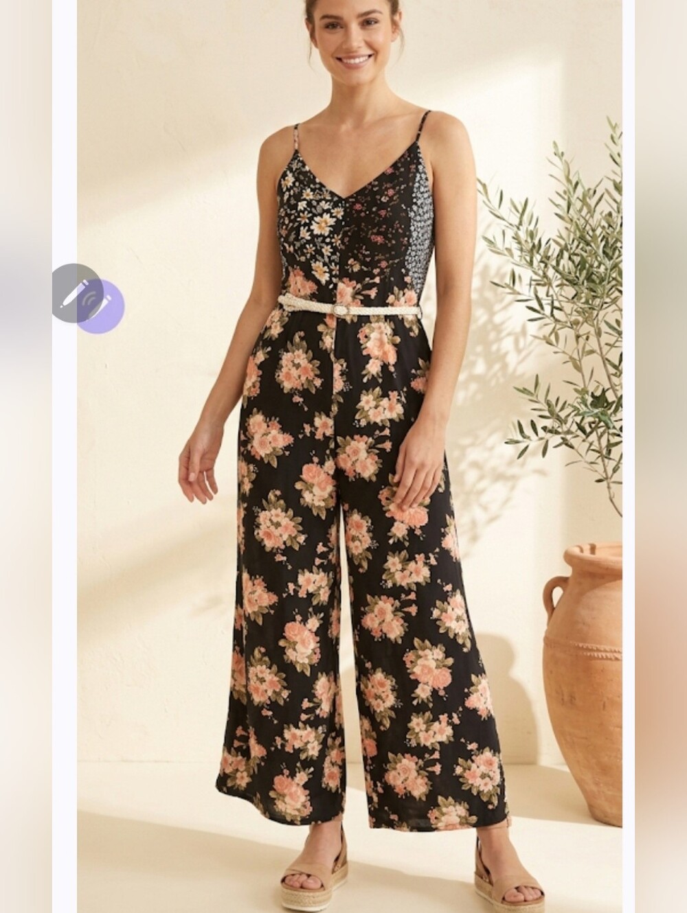 Floral Patchwork Flared Wide-Leg Jumpsuit Romper Romantic Boho Women's Medium - Picture 12 of 12